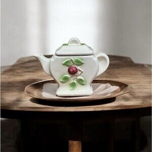 Vintage Cottage Pottery Style Plum Fruit Small Teapot Farmhouse Decor